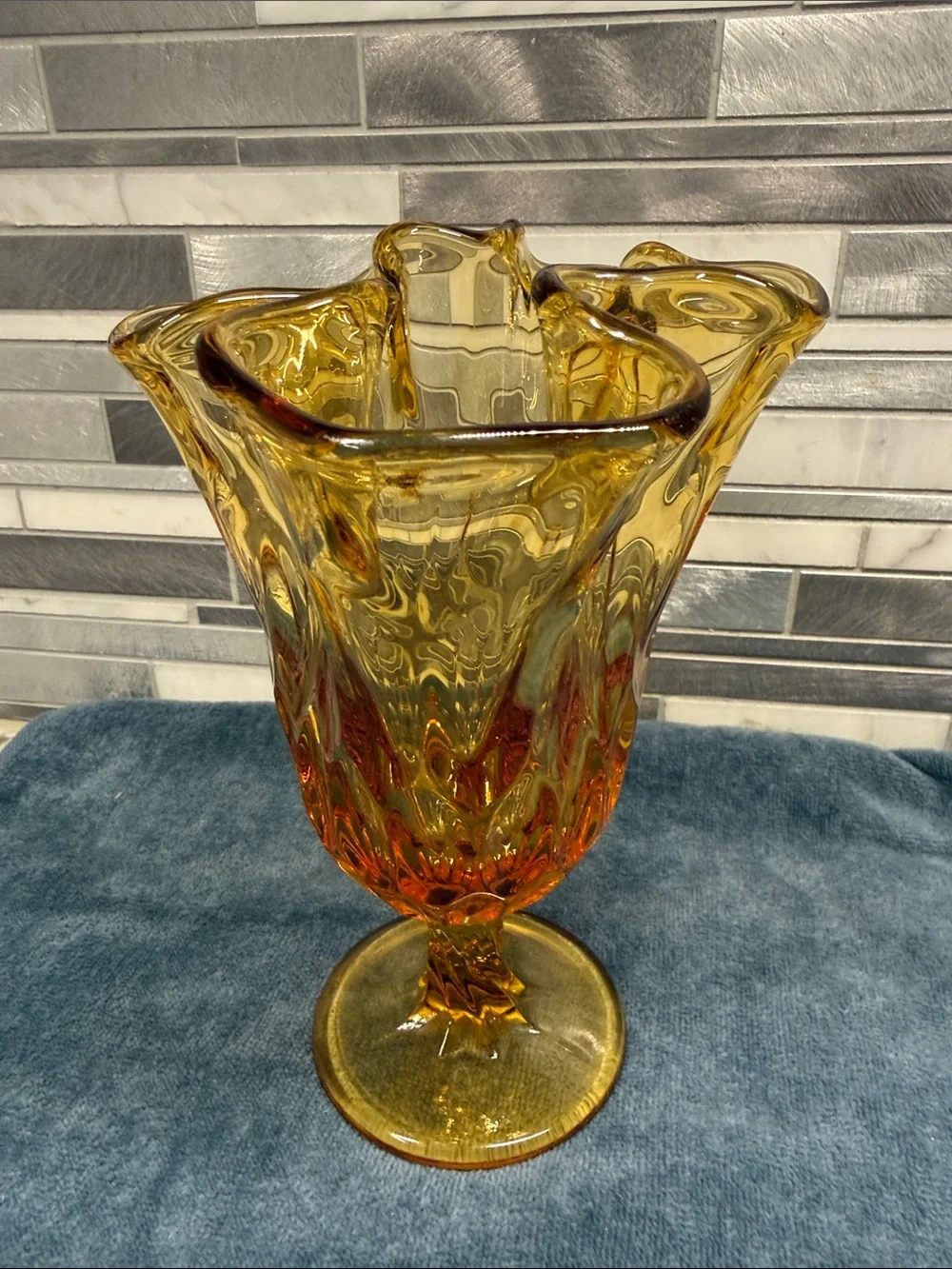 Fenton Ruffled Amber Pedestal Art Glass Vase
